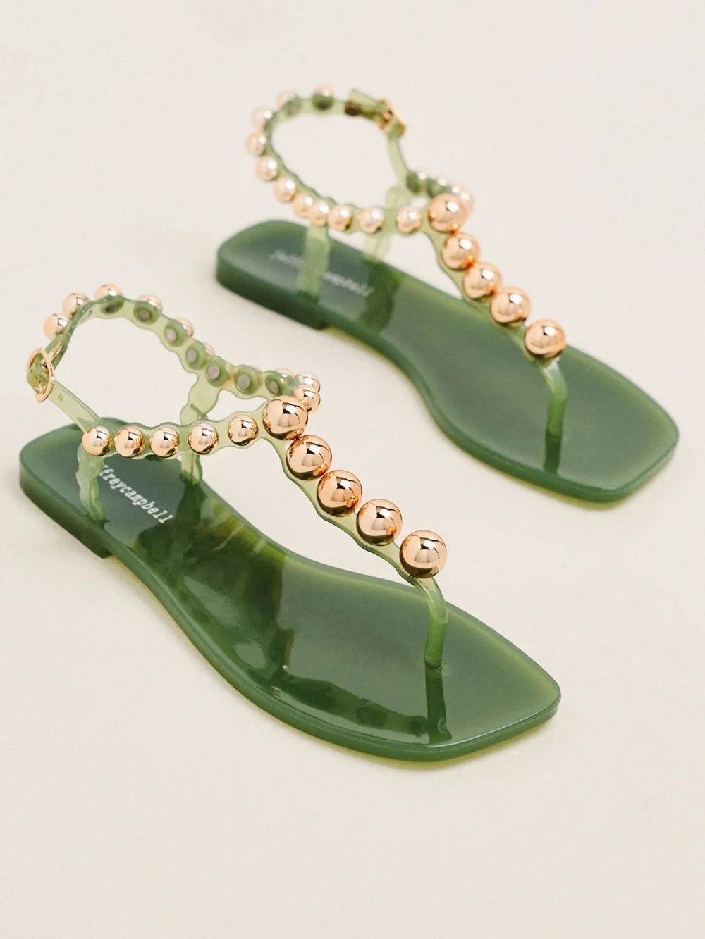 Jeffrey Campbell Green Jelly T-Strap Sandals with Gold Bead Accents